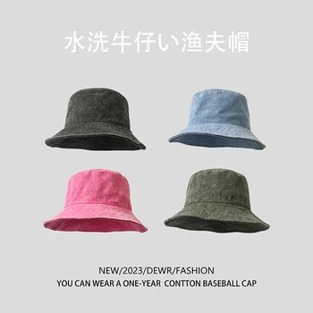 Нови прости слънчеви шапки за мъже с логото на поръчка, лятна градинска солнцезащитная корея промытая анти-ултравиолетова дишаща деним шапка-кофа