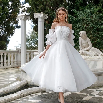 Обикновен колан без презрамки с пищни ръкави 3/4, сватбена рокля от органза дантела чаена дължина, сватбената рокля Vestidos De Новия