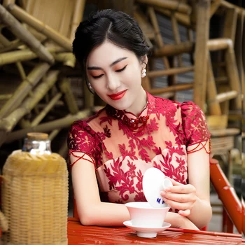 Подобрено рокля с бродерия Simeizi, дамски дрехи, 2022, червен китайски сватбен Чонсам за младите