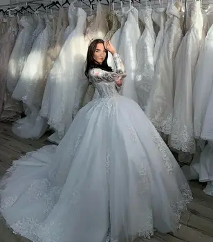 Прекрасна Бална рокля, сватбени рокли, Булчински рокли с дантела аппликацией с дълъг ръкав на сватбена рокля голям размер