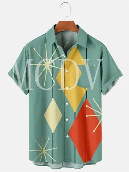 Риза с гео-принтом, яка с форма на диамант, реколта къси панталони, Ризи с ръкави, хавайски Ризи, Блузи Летни