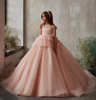 Розови фатиновые рокля с цветя модел с дължина до пода за момичета, бална рокля на принцеса, рокля за първо причастие, детско празнично рокля по поръчка
