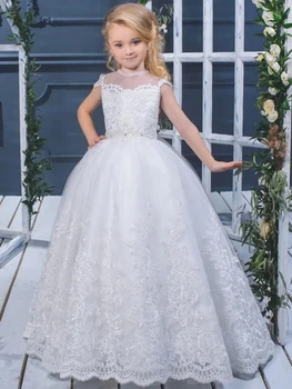 Рокля с цветя модел за момичета, бял дантелен подгъва с аппликацией, ръкави, прозрачни колан от скъпоценни камъни, за сватба, рожден ден, банкет, рокля на принцеса