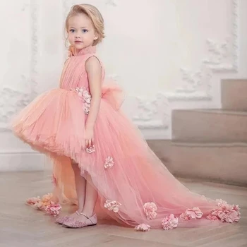 Рокля с цветя модел за момичета, розови модни тюлевые буйни рокли с лък и 3D цветен складкой, за парти в чест на причастието, рожден Ден, празнични рокли