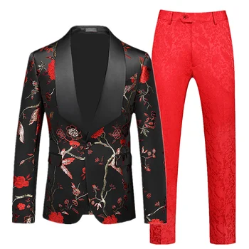 (Сако + панталон Модерен мъжки сватбени костюми, комплект от 2 теми, черно Червено синьо мъжко бизнес рокля-смокинг за светски партита, приталенная облекло