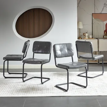 Светло сив стол за хранене в модерен изчистен стил от изкуствена кожа с черна метална тръба, мебели за трапезария, комплект от 4 стола