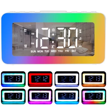Часовник с аларма, двойно огледало за повторение на алармата, цифров часовник USB Формат 12/24, може да се Регулира силата на звука, Нощни часове, с регулируема яркост на нощното осветление