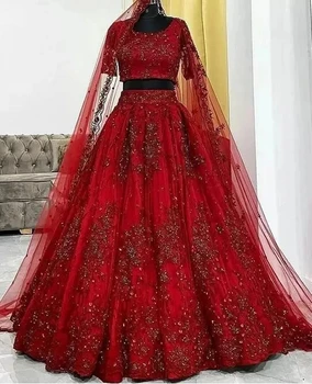 Червено сватбена рокля от Калкута, Индия, двойка, Къси ръкави, Обемни апликации, Дантела, пайети, сватбени и вечерни рокли