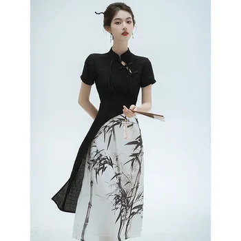 Черен Нов китайски стил Чонсам-Секси дълга рокля с къс ръкав Сватбени Костюми с много черен печат Нежни Рокли От S До XXL