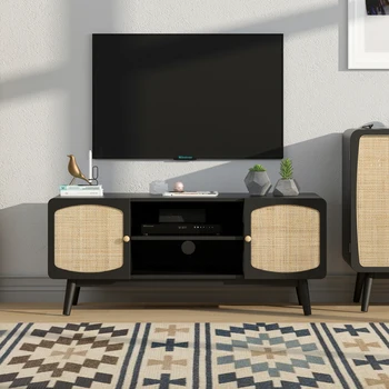 Черна поставка за телевизор в стил бохо за спални, хол, телевизионна конзола с като от ратан за вътрешната мебели за всекидневната