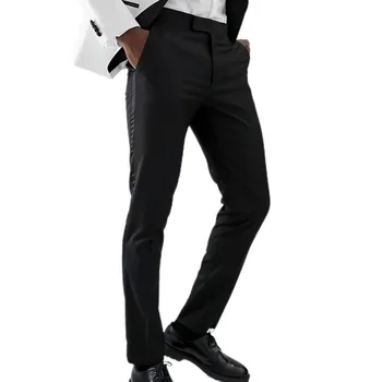 Черни мъжки панталони със странични сатенена лента, цели приталенная официалната мъжки модни дрехи, подходящи сватбени и вечерни офис смокинги
